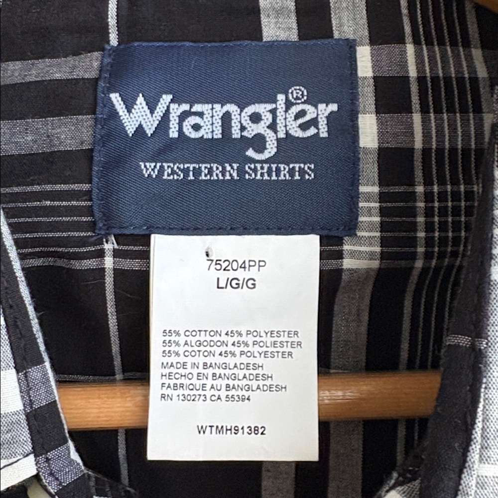 Wrangler Western Plaid Shirt Pearl Snap Long Sleeve Black White Size Large - Picture 3 of 12